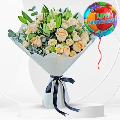 Bouquet Of Lilies & Roses With Balloon